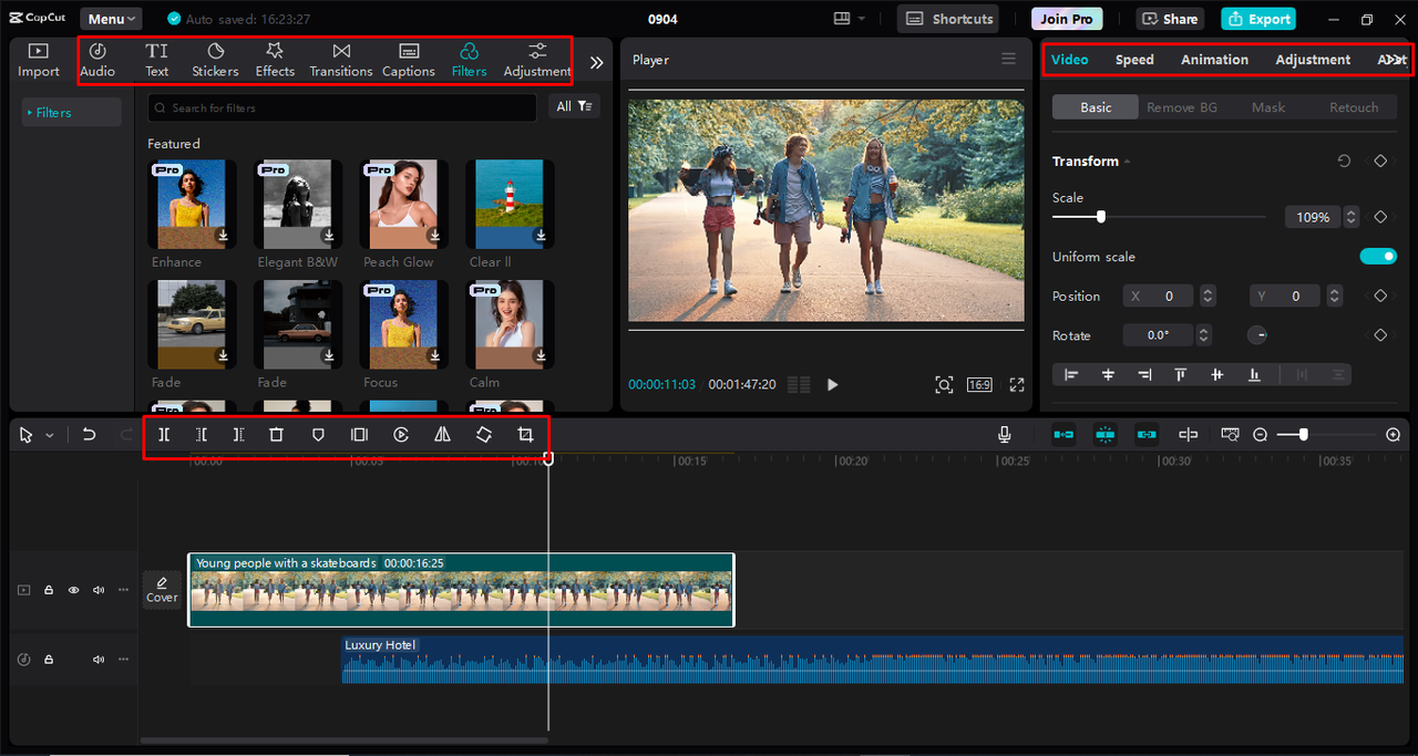 Refining the video using various editing tools in the CapCut desktop video editor