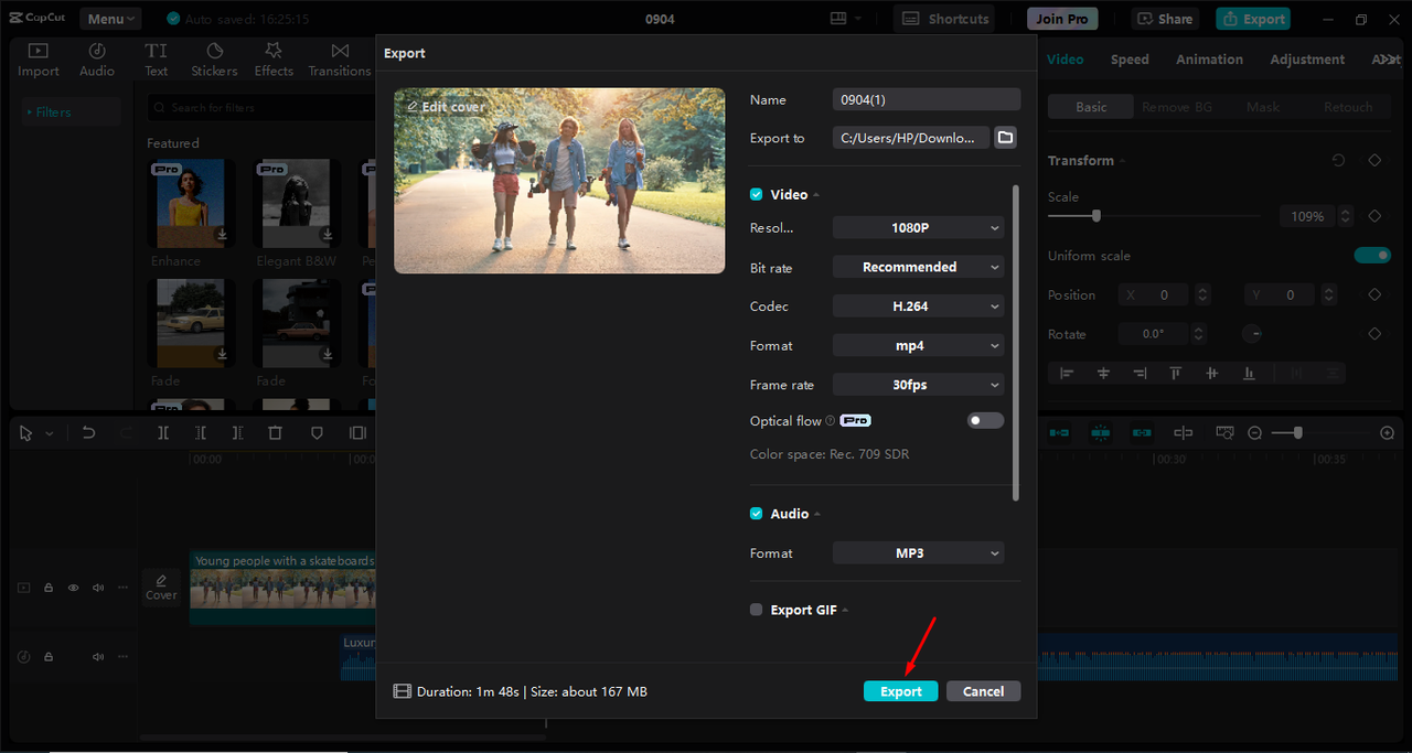 Exporting the video in the CapCut desktop video editor 