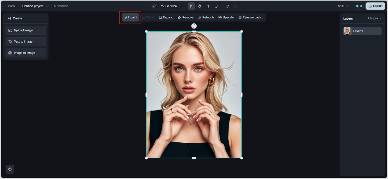 Locate and click the inpaint tool on the top toolbar