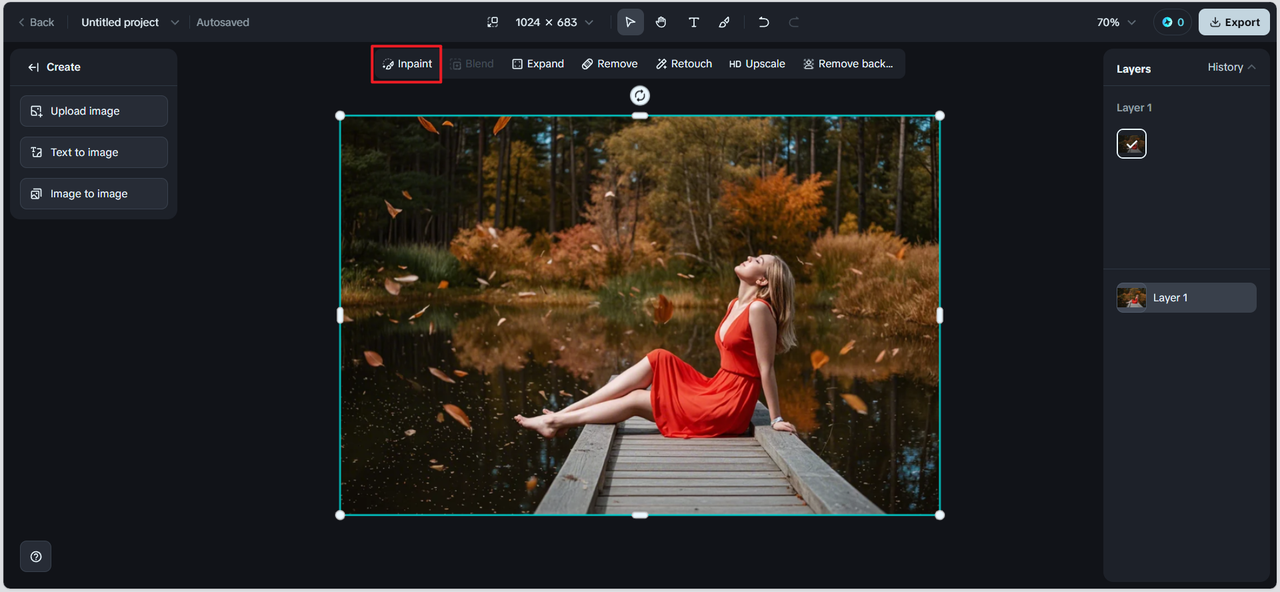 Locate and click the Inpaint button