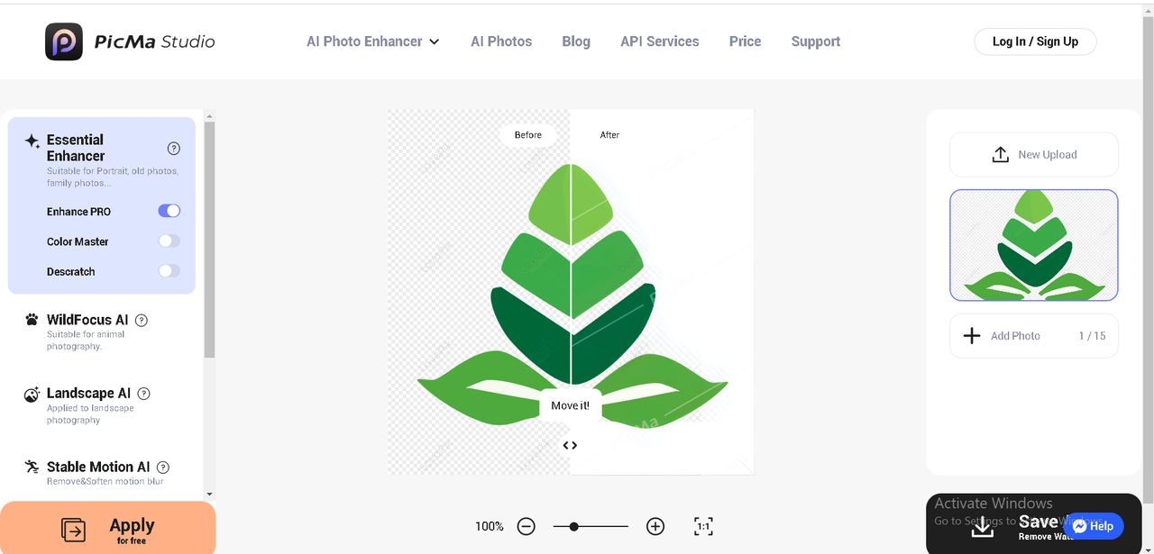 Interface of PicMa - advanced AI logo enhancer online