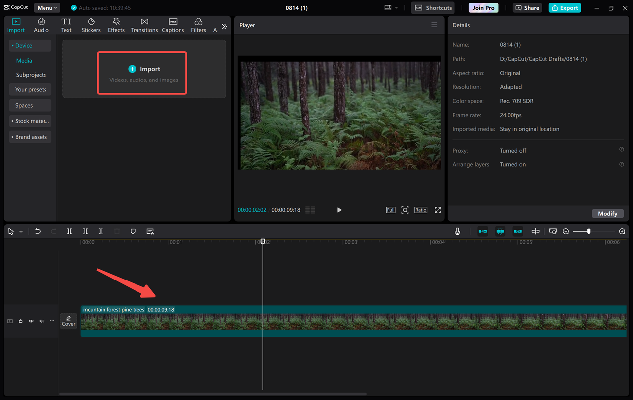 Importing the video into the CapCut desktop video editor