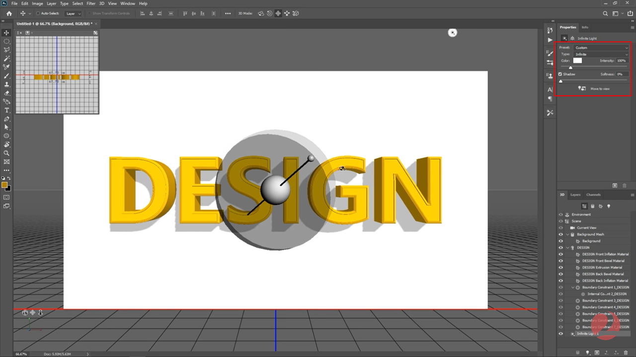 Customizing material and enhancing shadow on 3D text in Photoshop