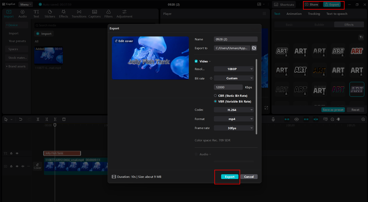 Exporting or sharing the video from the CapCut desktop editor