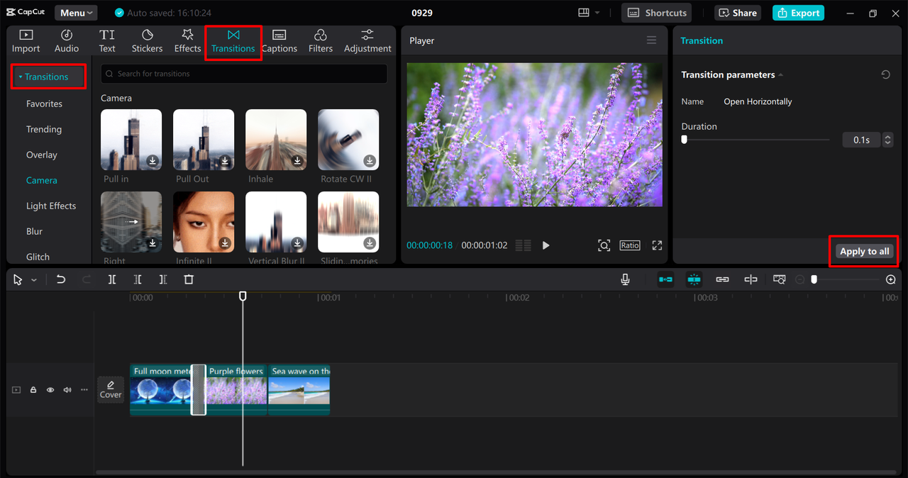 Applying transition between clips in the CapCut desktop video editor 