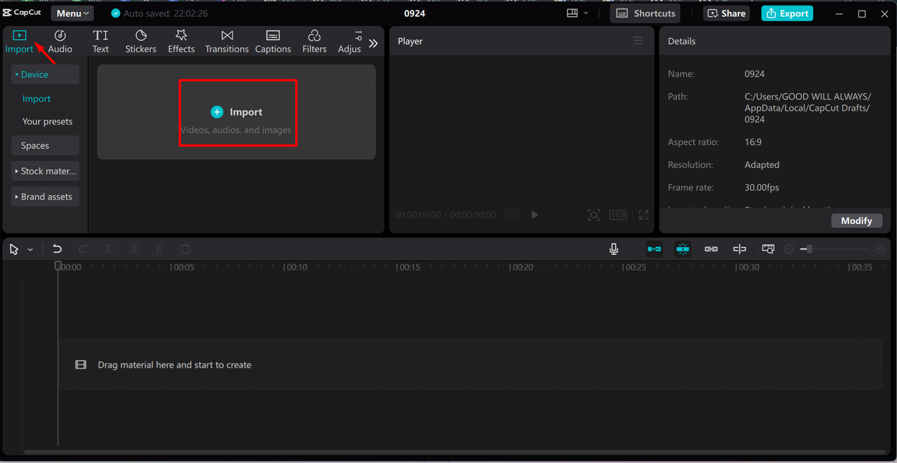 Importing video in the CapCut desktop video editor 