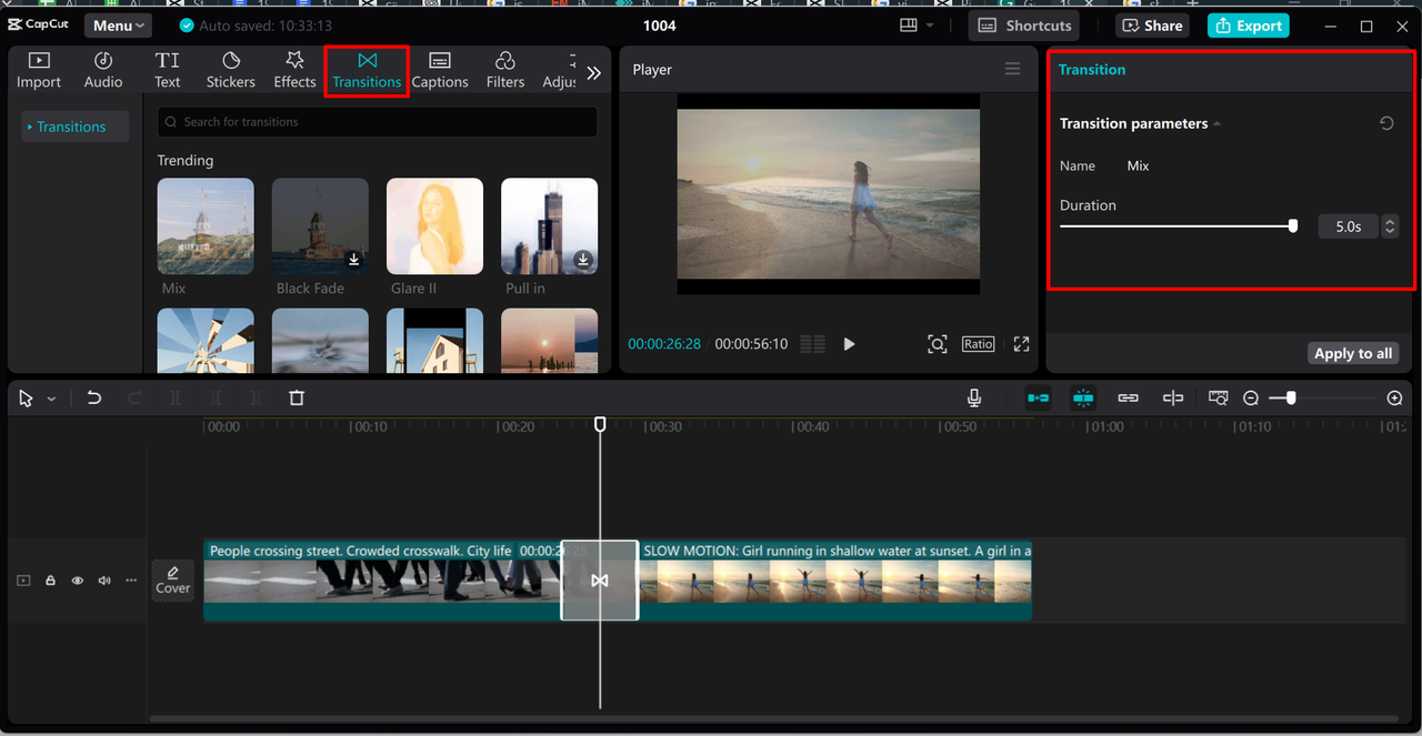 Adding and adjusting transitions between videos in the CapCut desktop video editor