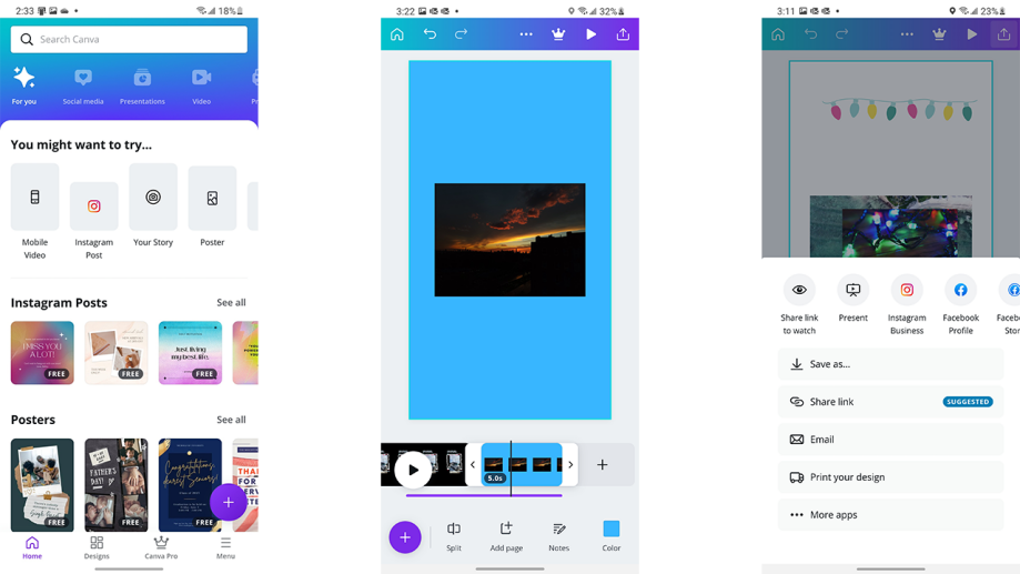 Interface showing how to create design in Canva mobile app