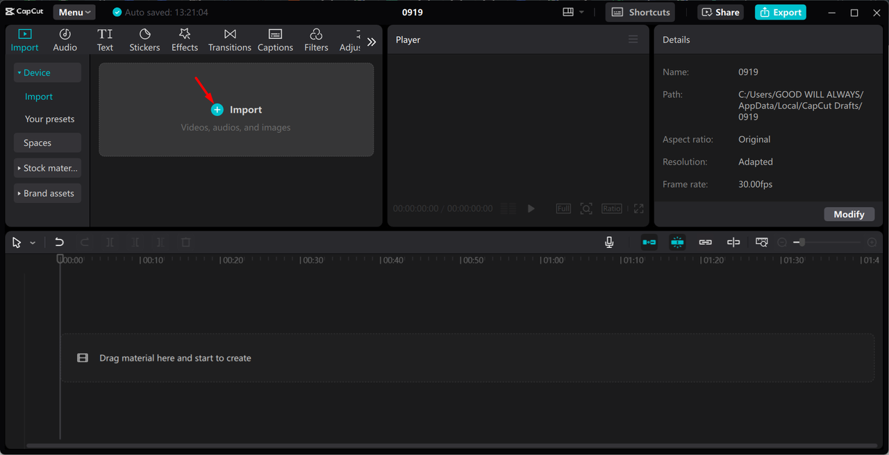 Importing a video to the CapCut desktop video editor 