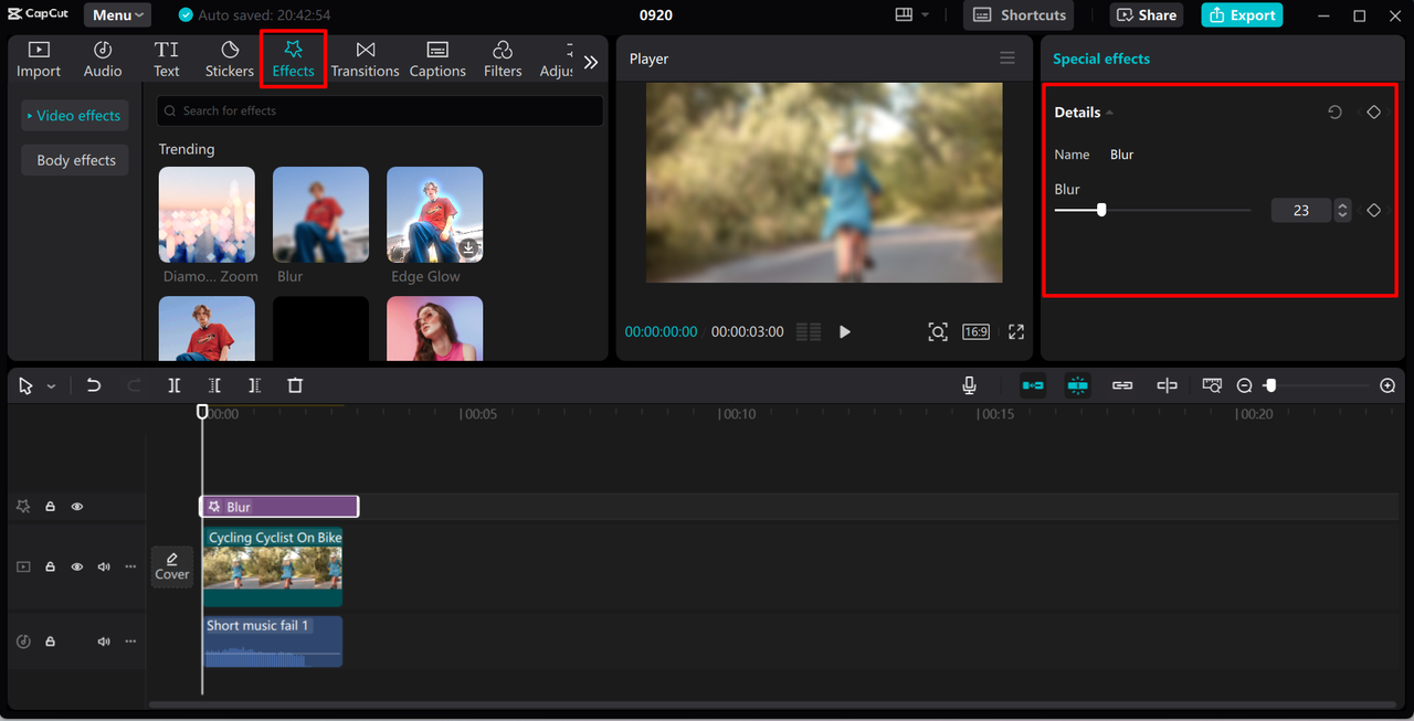 Applying the effect in a video in the CapCut desktop video editor 