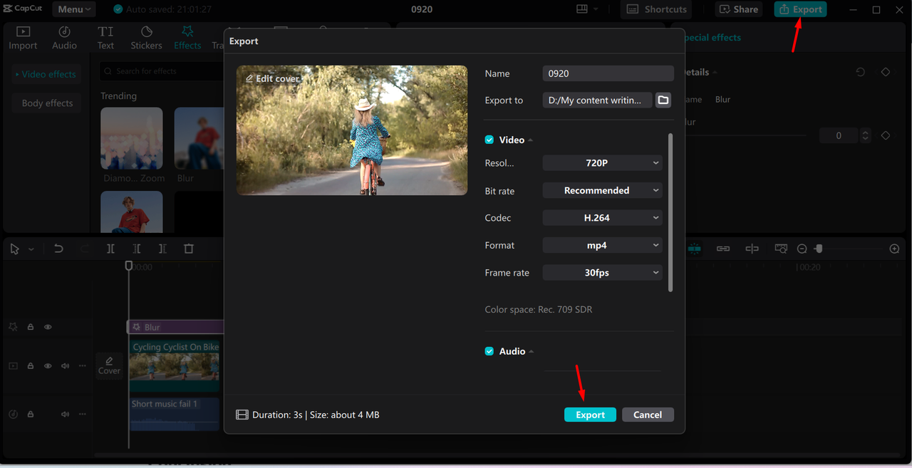 Exporting video from the CapCut desktop video editor