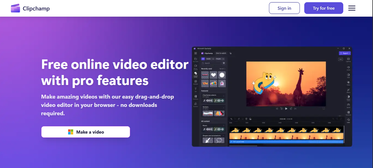 Interface of Clipchamp - a remarkable tool to enhance videos