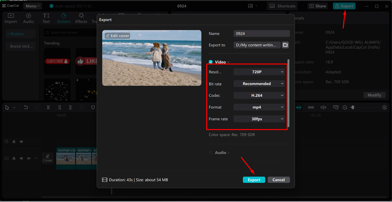 Exporting a compressed video from the CapCut desktop video editor