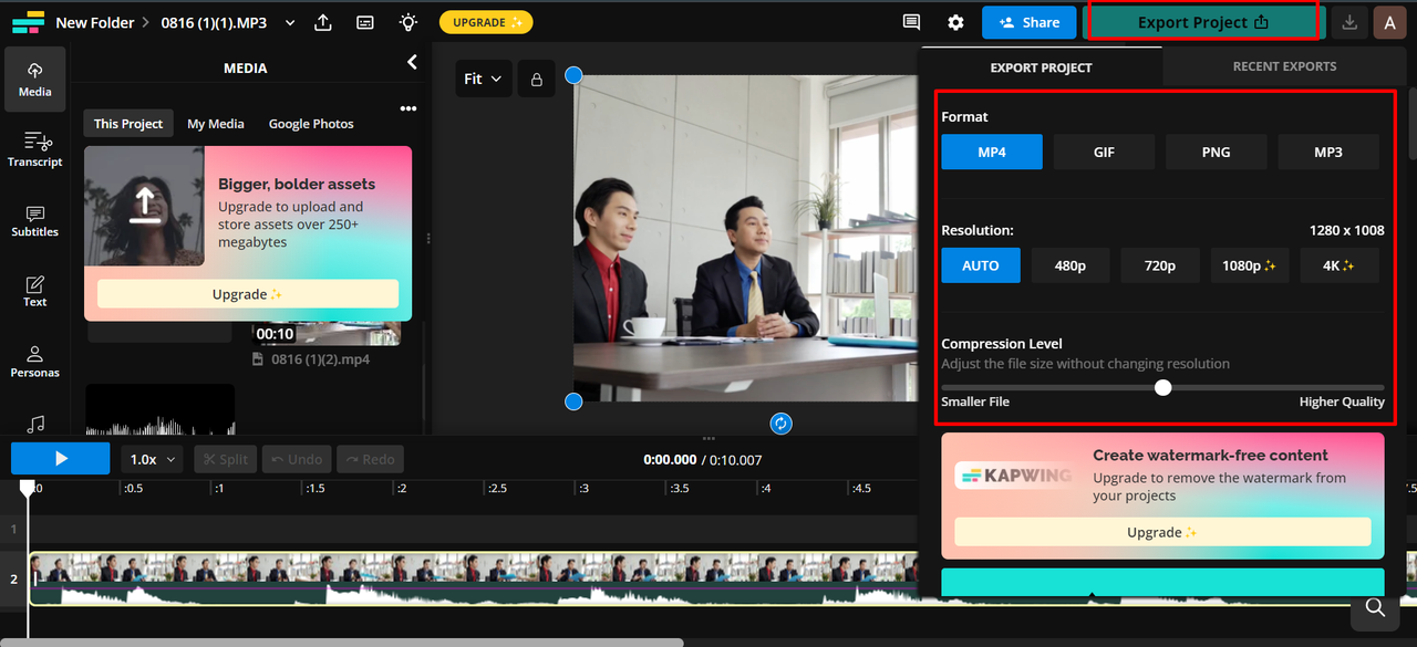 Editing interface of Kapwing - a perfect tool to compress video online for Facebook