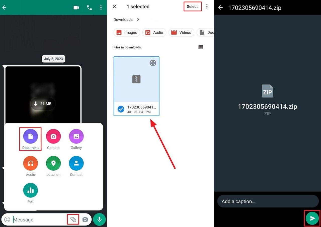 Interface showing how to send large files via WhatsApp in the form of a document