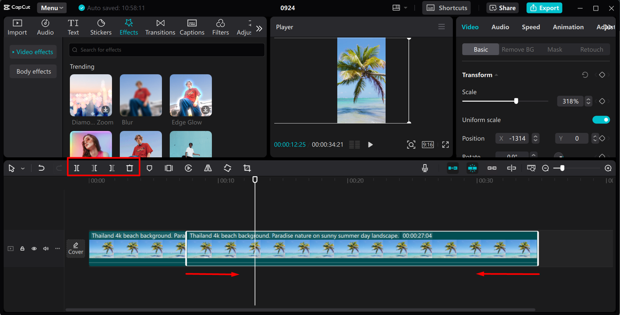 Removing unwanted parts to reduce file size in the CapCut desktop video editor 