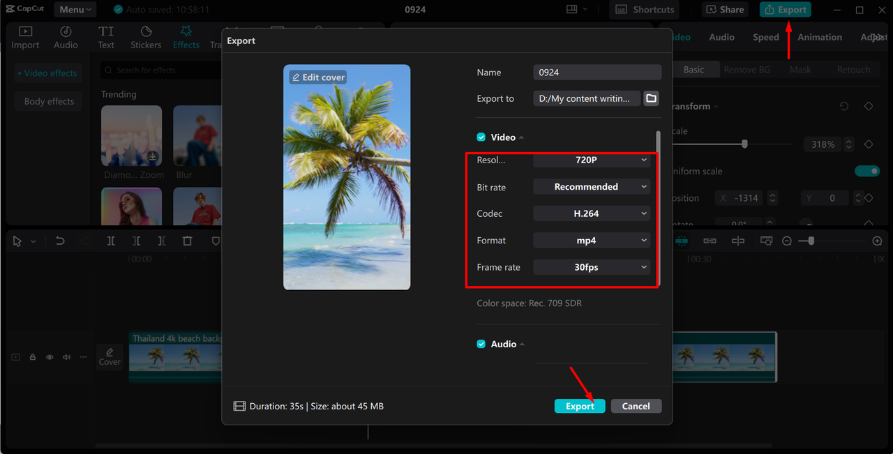 Exporting the compressed video from the CapCut desktop video editor 