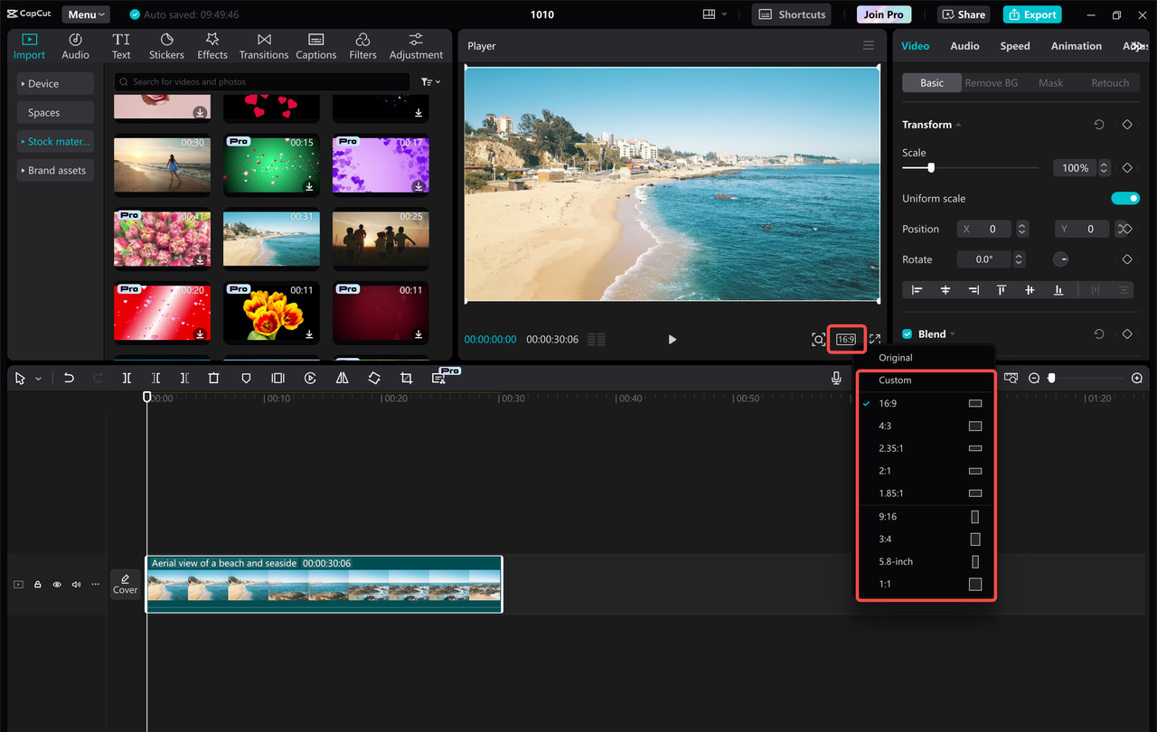 Editor interface of CapCut editing video size for YouTube