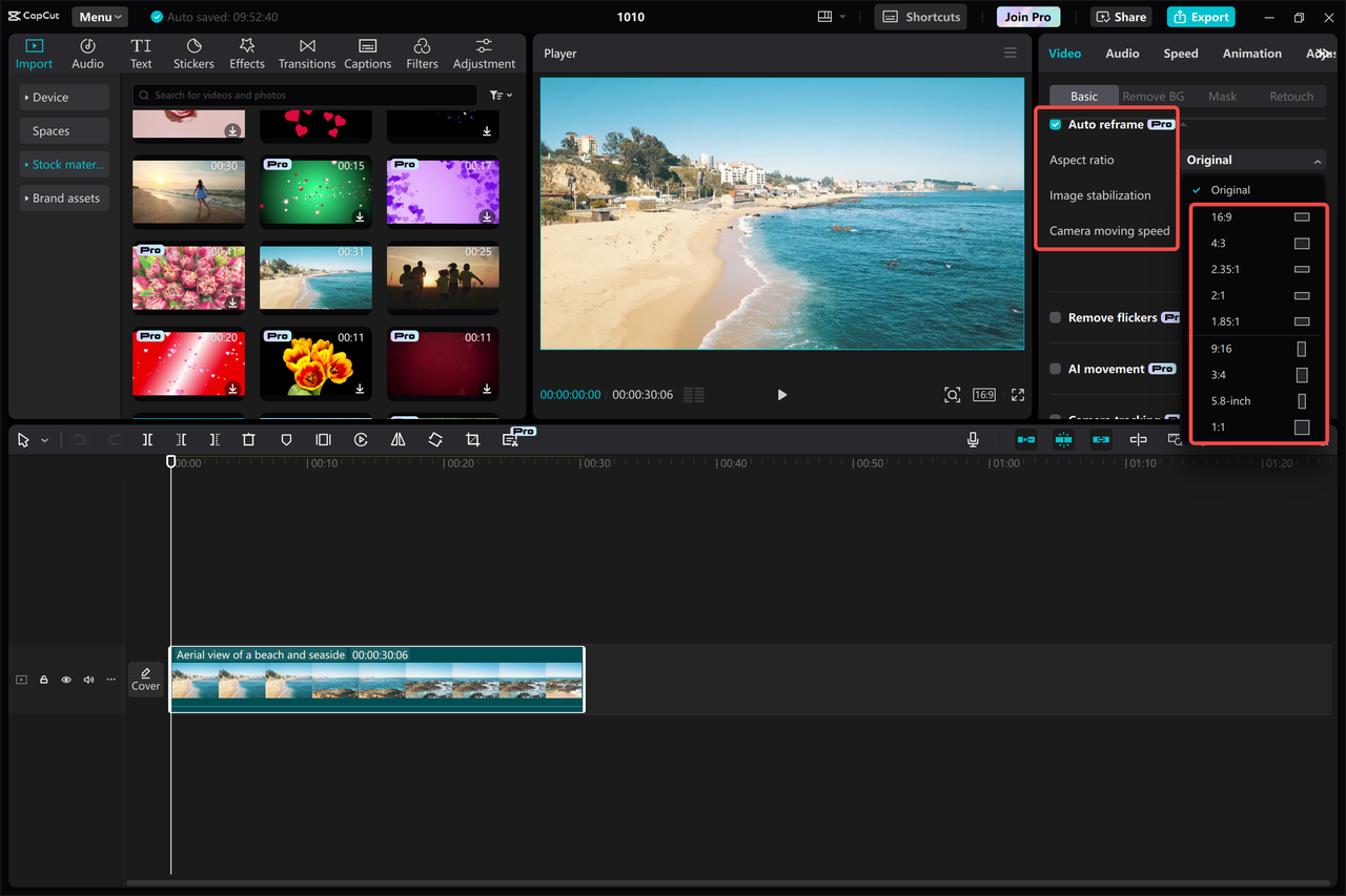 Editor interface of CapCut to edit YouTube videos by aspect ratio