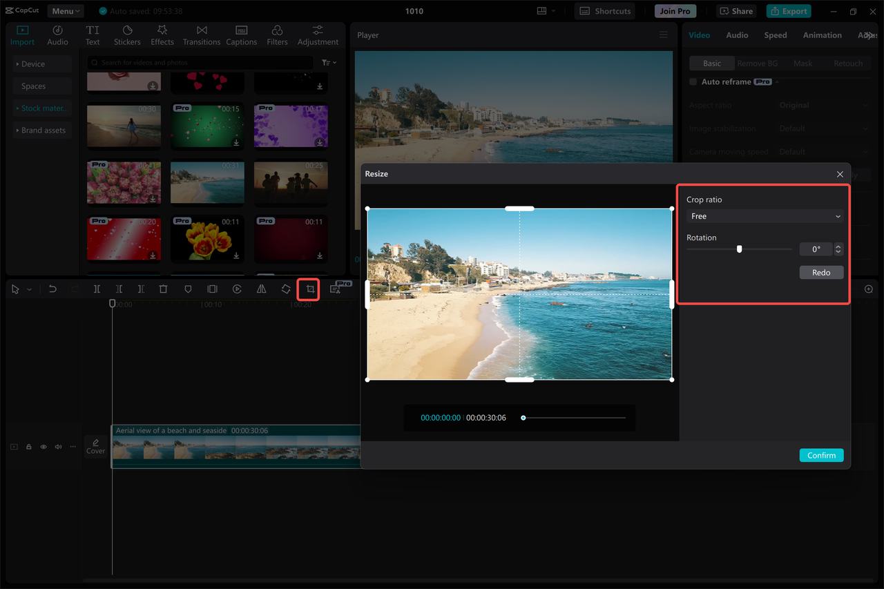 Editor interface of CapCut to edit YouTube videos by crop ratio option