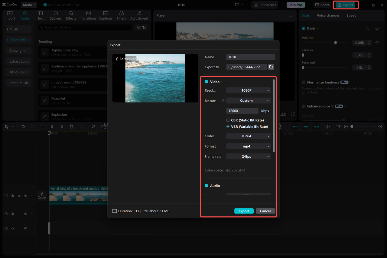 Interface of CapCut showing export settings for YouTube video