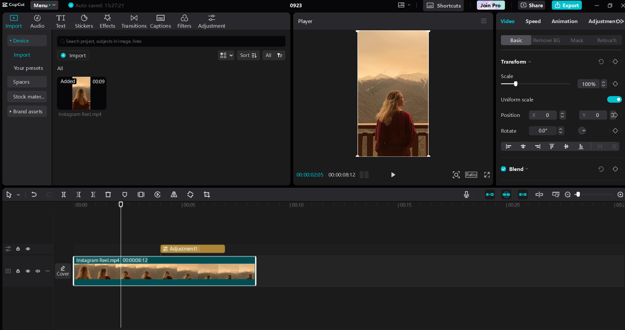 Editor interface of CapCut to create and edit Instagram videos