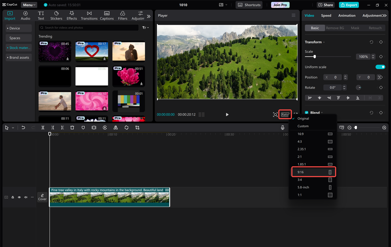 The CapCut desktop video editor interface shows Instagram video size ratio adjustment