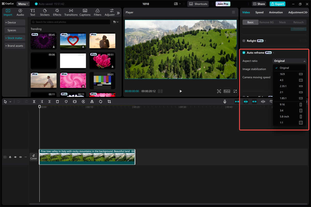 The CapCut desktop video editor interface shows Instagram video size ratio adjustment via Auto reframe