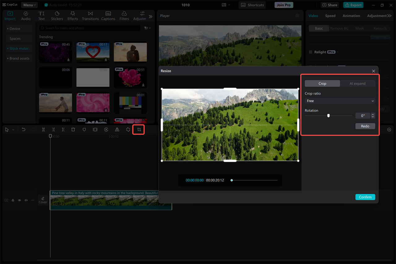 The CapCut desktop video editor interface shows the resized Instagram video size ratio manually