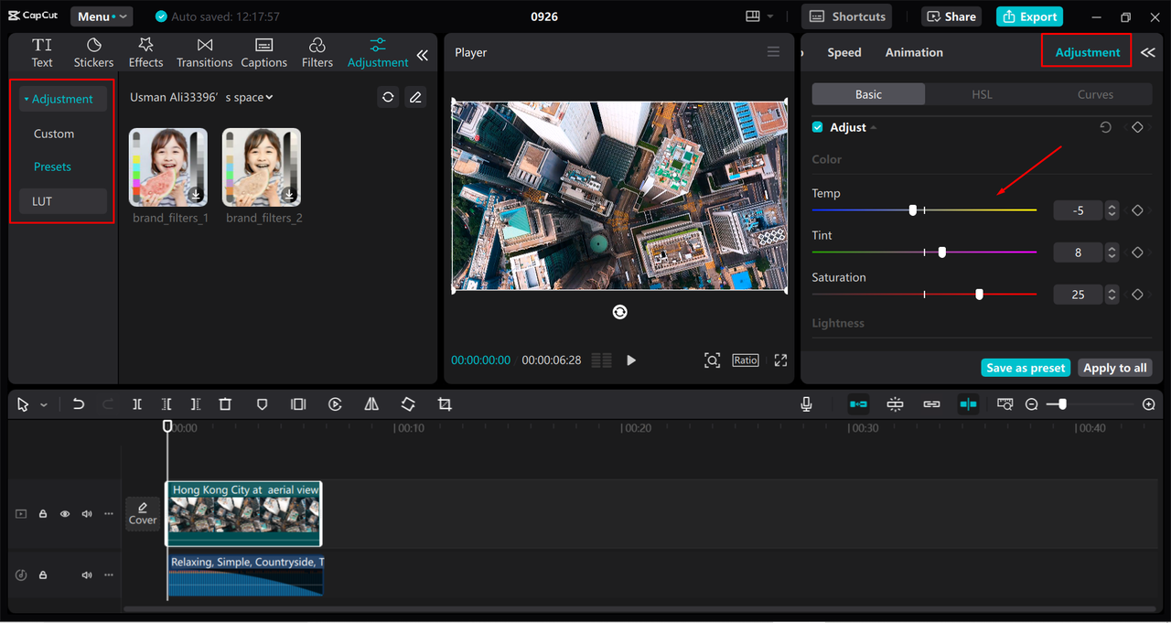 Modifying and adjusting the video colors in the CapCut desktop video editor