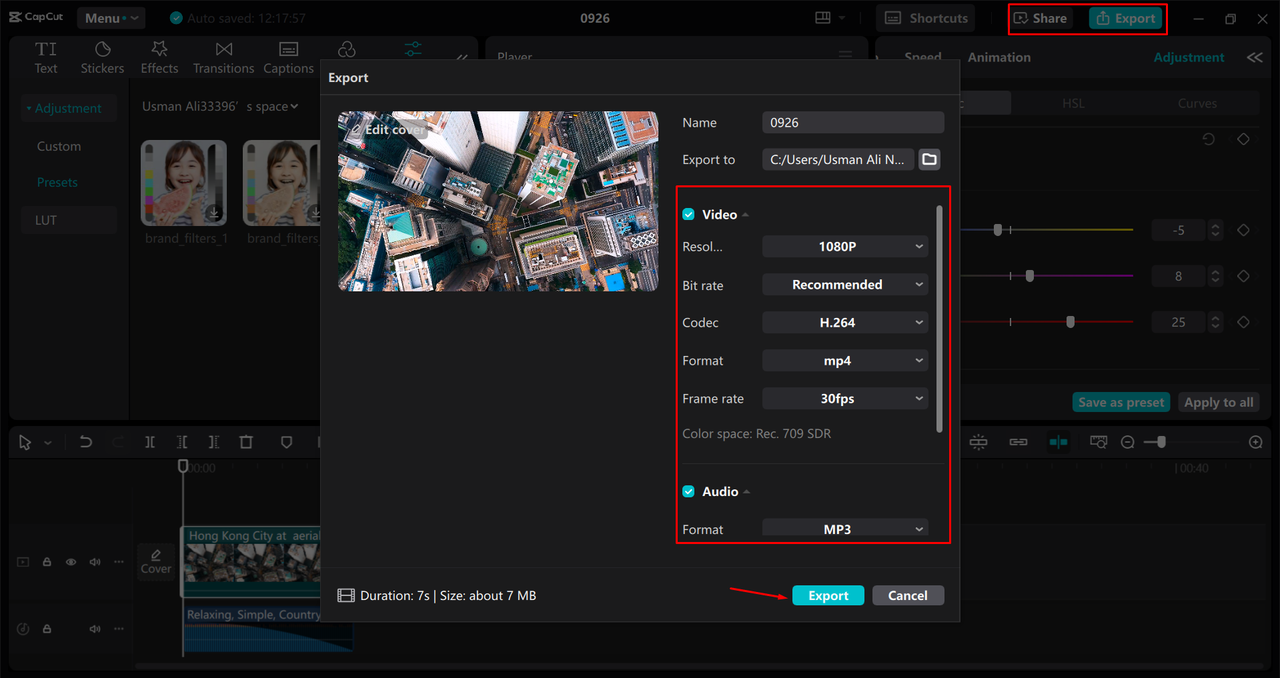 Exporting a video from the CapCut desktop video editor