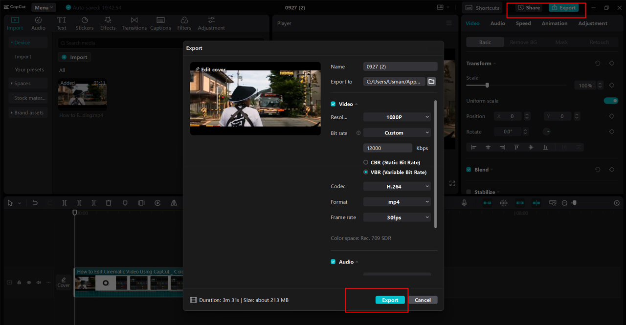 Exporting or sharing the video from CapCut desktop editor