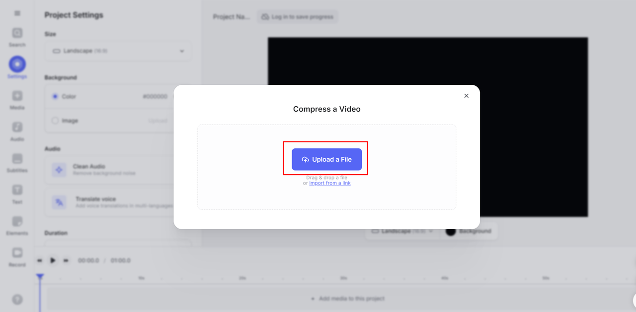 Uploading the video file in VEED.IO compresspr