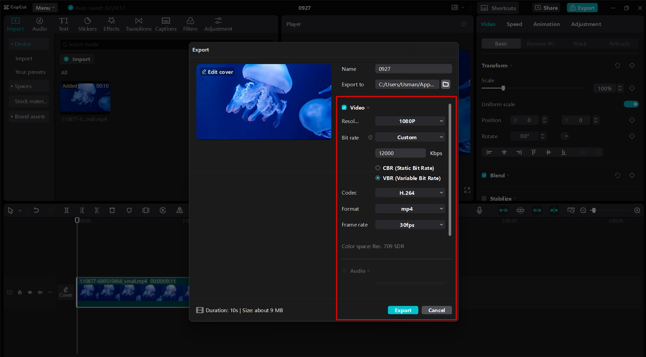 Compressing the video in the CapCut desktop video editor