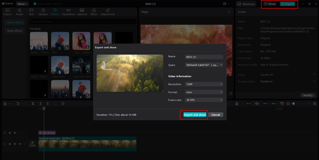 Exporting or sharing the compressed video from the CapCut desktop video editor