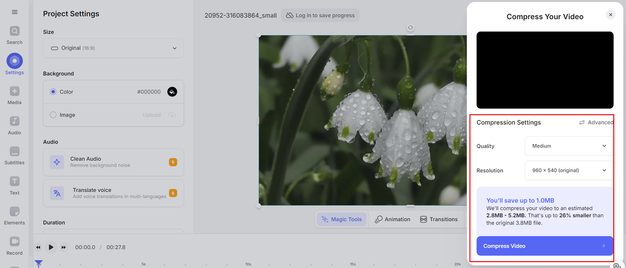 Veed.io is a very smooth tool for compressing videos online