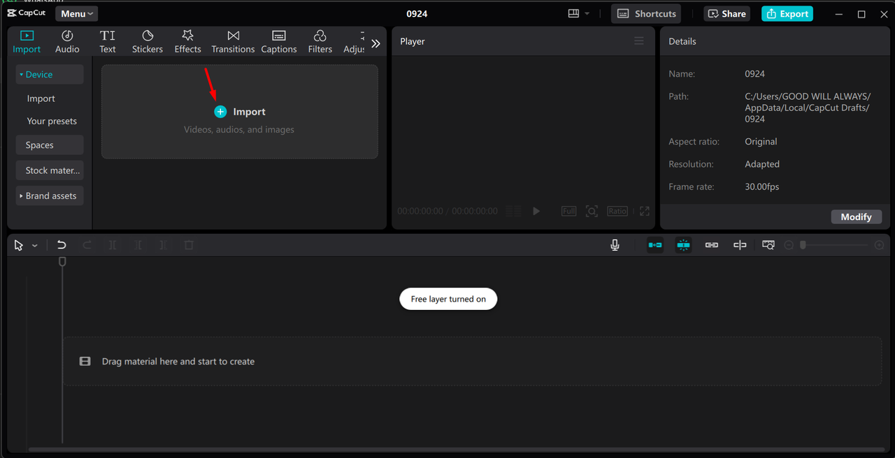 Importing media in the CapCut desktop video editor