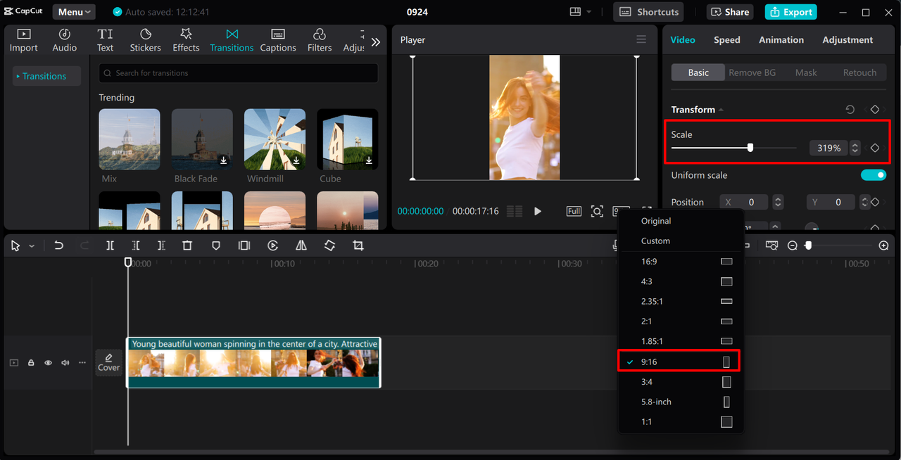 Adjusting Pinterest video size in the CapCut desktop video editor