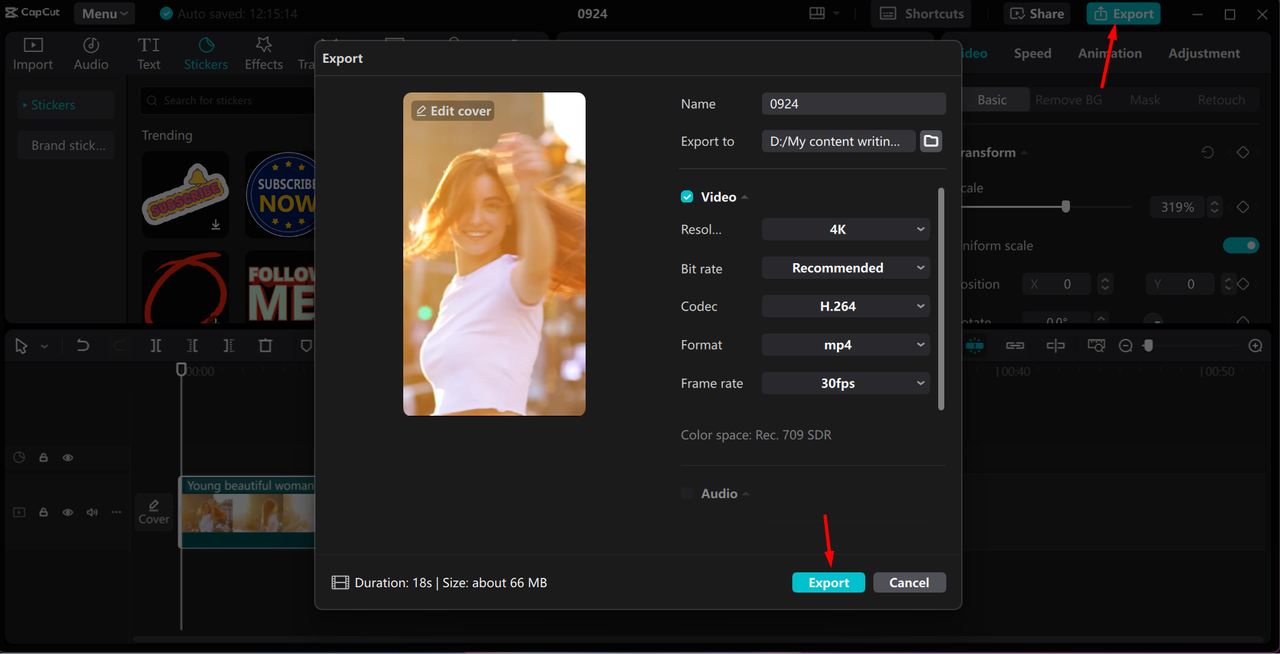 Exporting the video from the CapCut desktop video editor