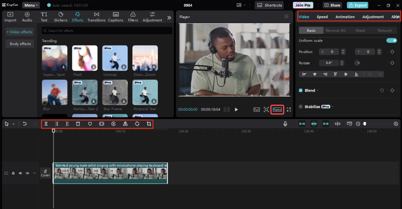 Editing video using various tools in the CapCut desktop video editor 