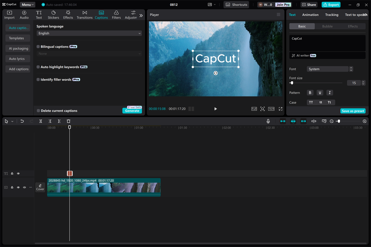 Interface of the CapCut desktop video editor - an easy way to hardcore subtitles into a video