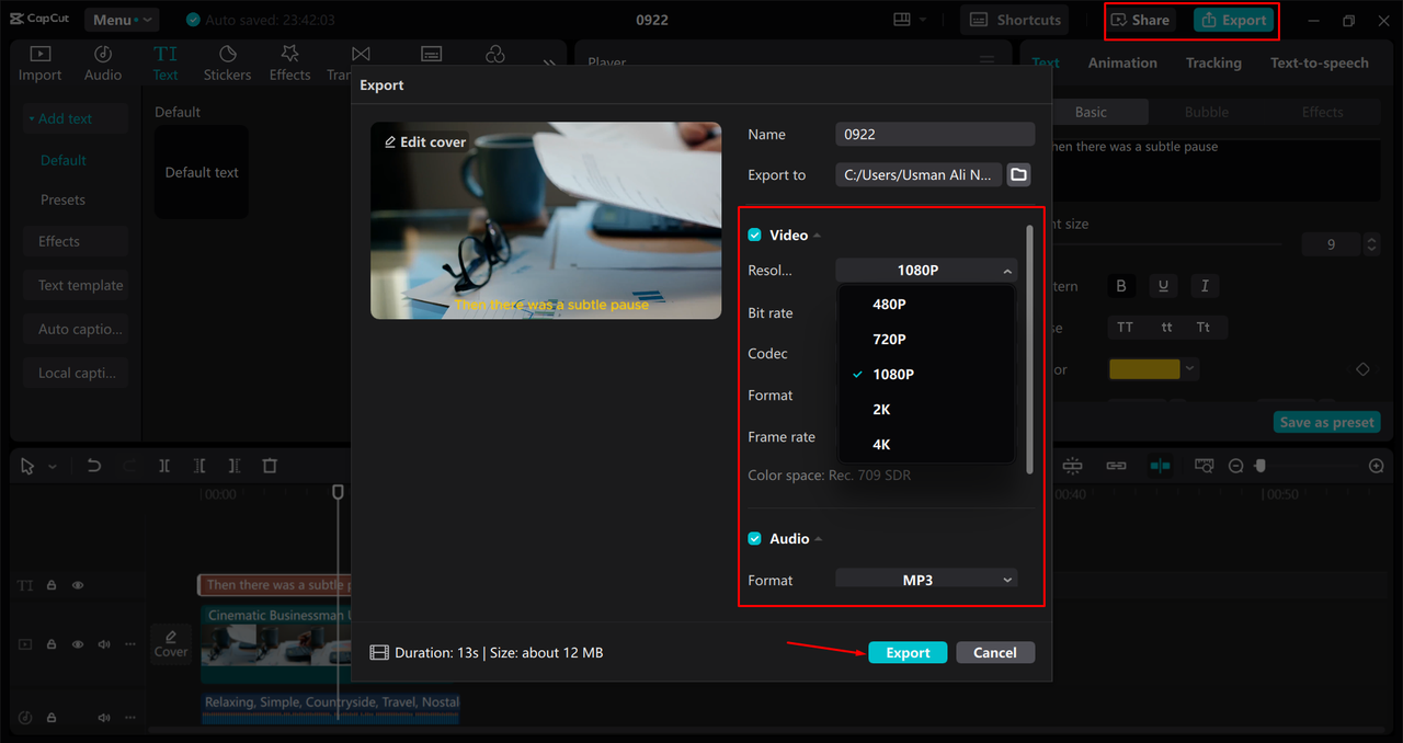 Exporting a video from the CapCut desktop video editor