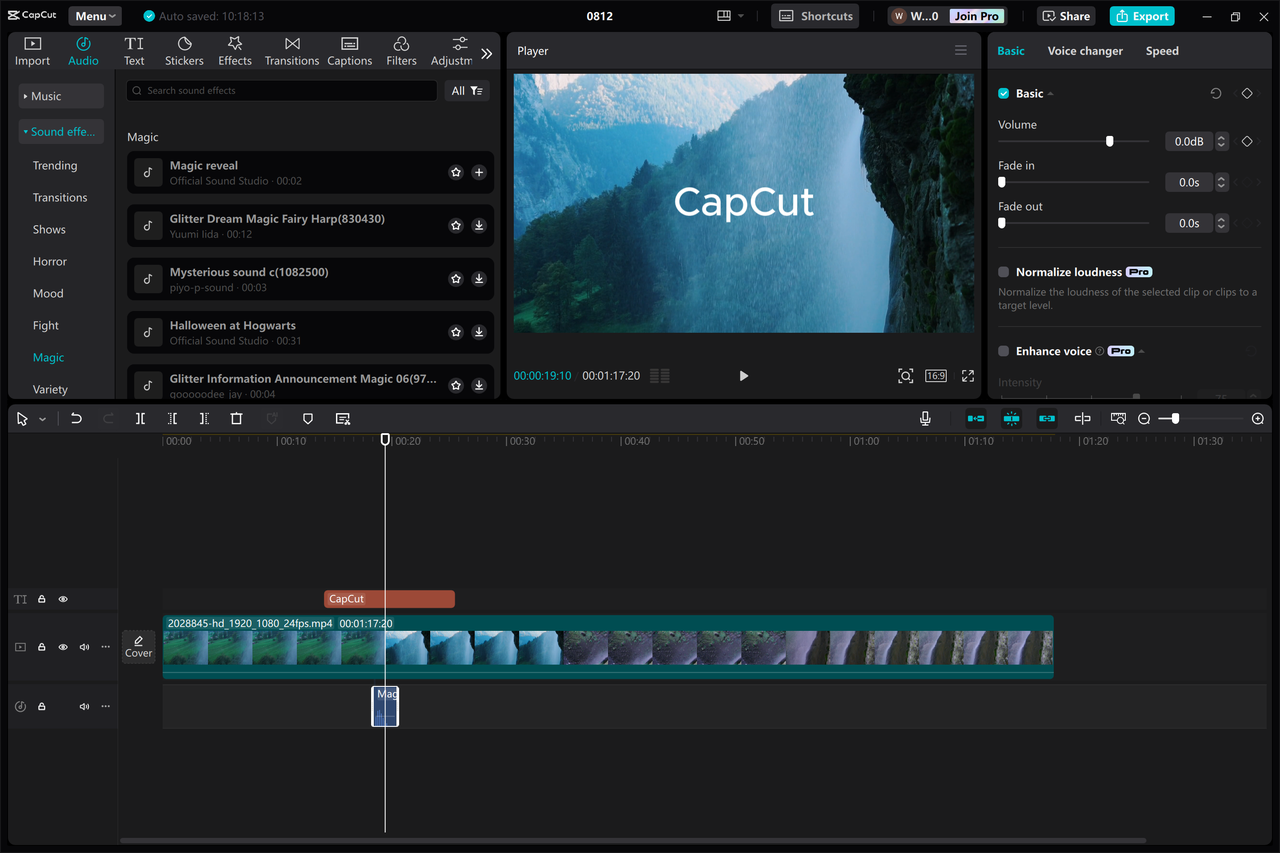 CapCut desktop video editor showing the interface of magic sound effects