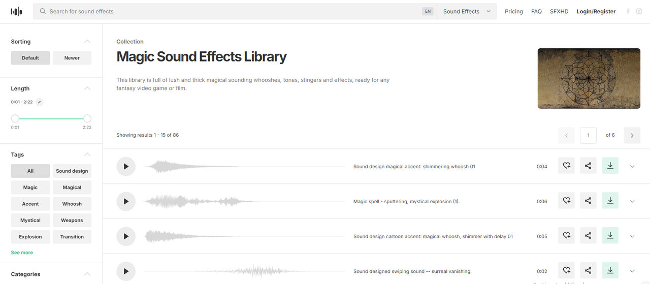 Soundsnap provides a range of magic SFX for free