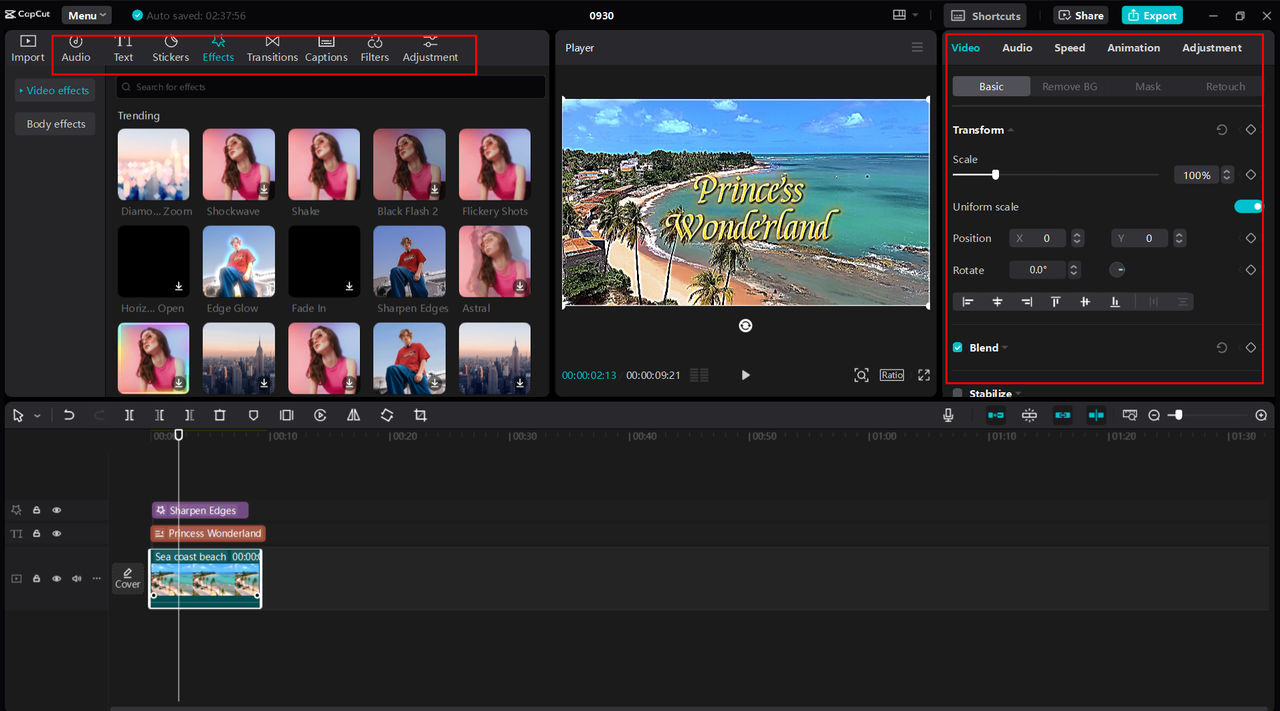 Showing interface of Capcut editor for Pexels video editing