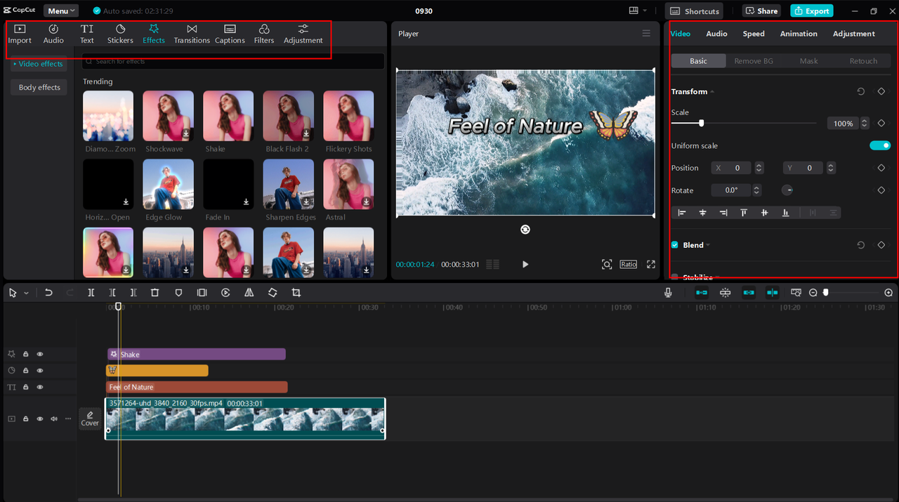 Editing the pixel video using CapCut desktop video editor's advanced features