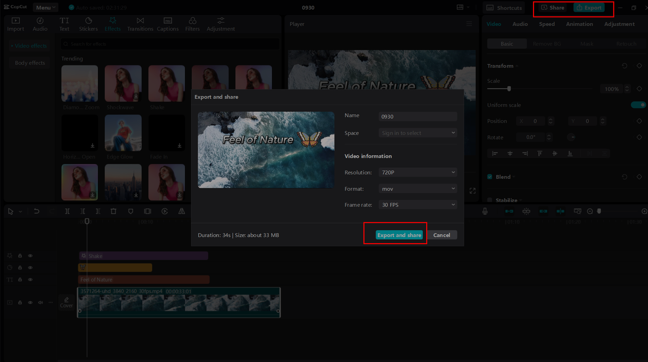 Sharing or exporting the video from the CapCut desktop video editor