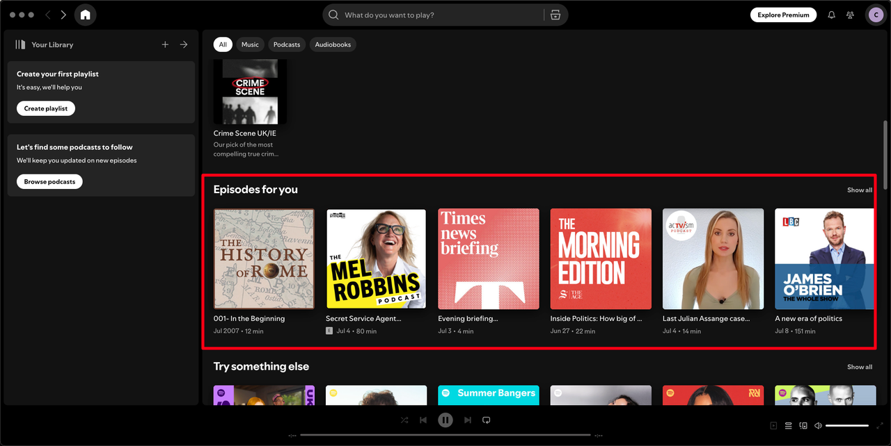 "Episodes for you" section on Spotify