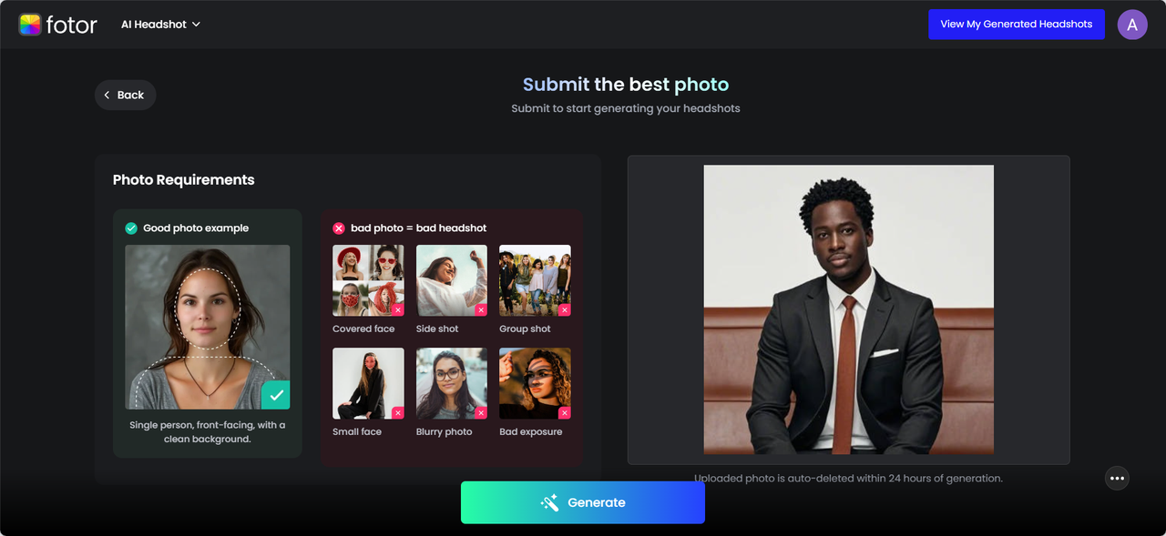 Fotor AI selfie generator