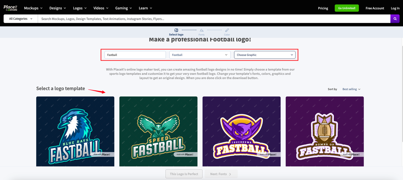 Enter your football team’s name and select a graphic